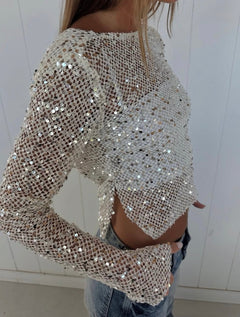 Aurora | Crop Sequin Long Sleeve Knit Top