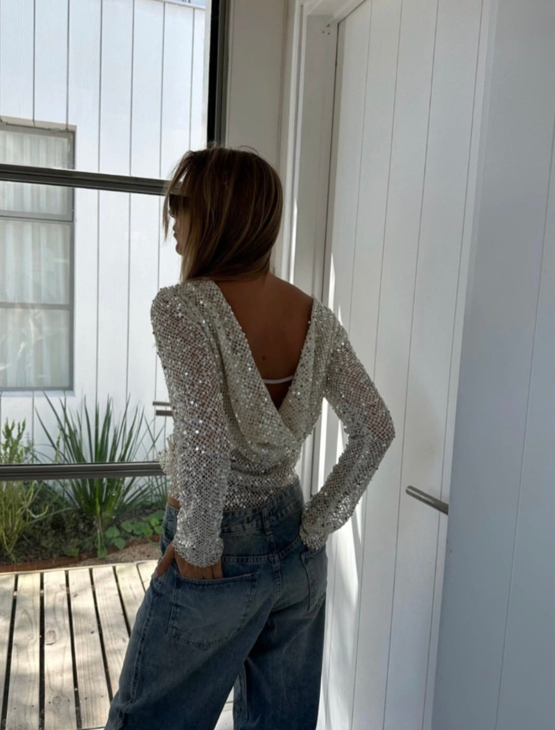 Crop Sequin Long Sleeve Knit Top