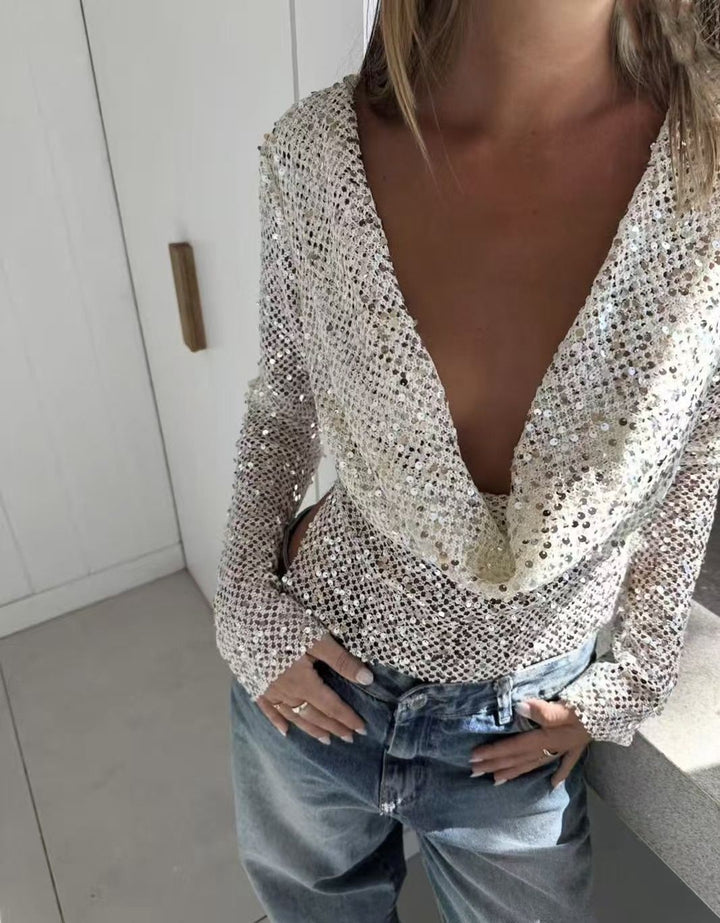 Crop Sequin Long Sleeve Knit Top
