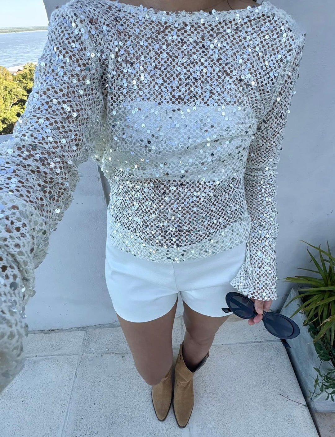 Crop Sequin Long Sleeve Knit Top