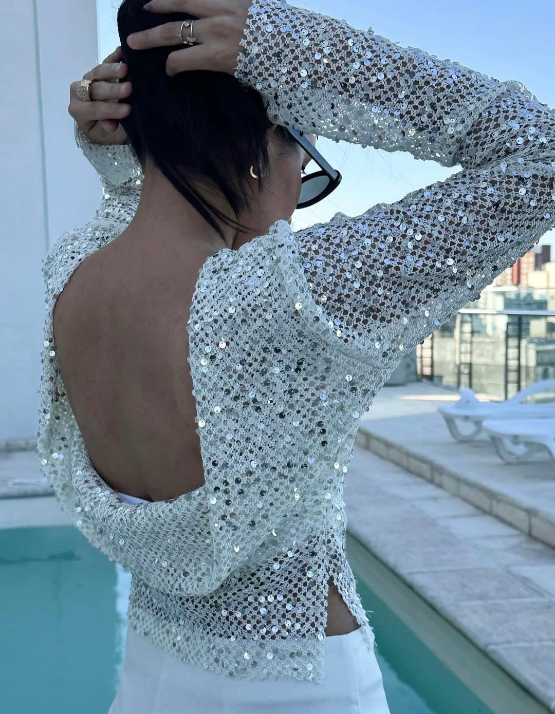 Crop Sequin Long Sleeve Knit Top