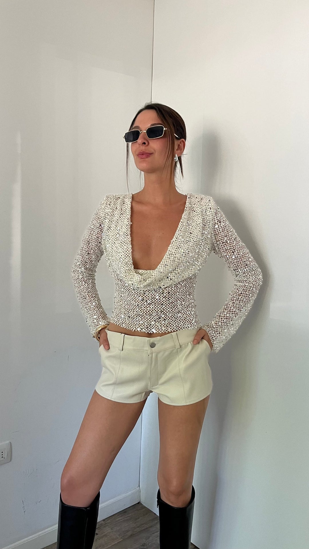 Crop Sequin Long Sleeve Knit Top