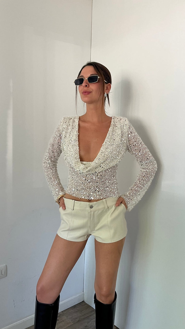 Crop Sequin Long Sleeve Knit Top