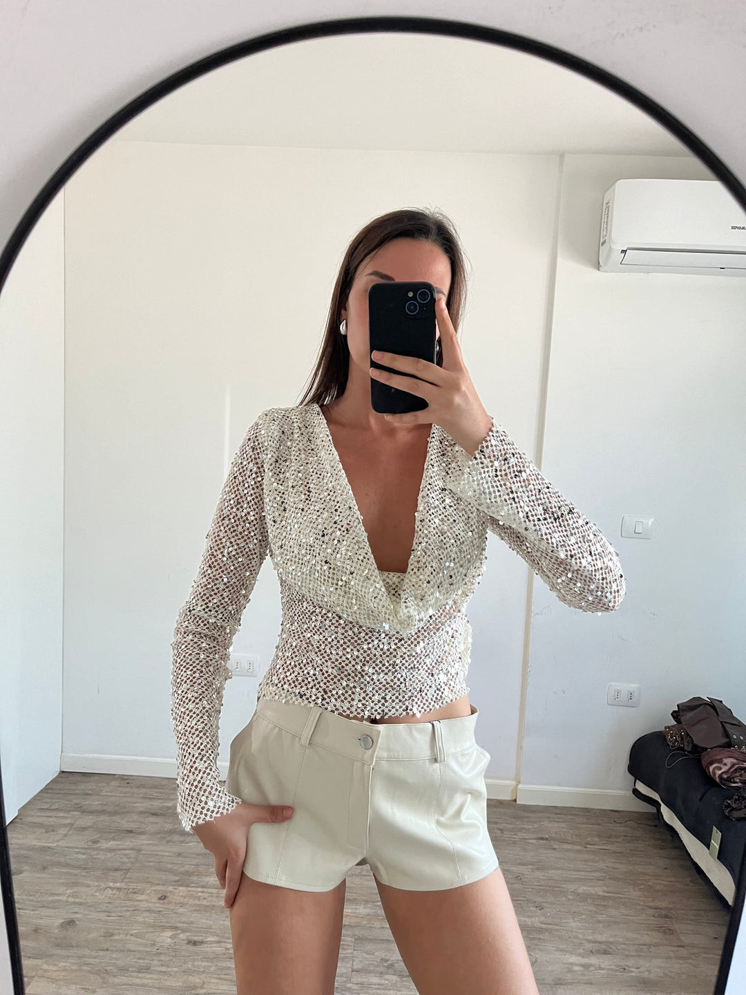 Crop Sequin Long Sleeve Knit Top