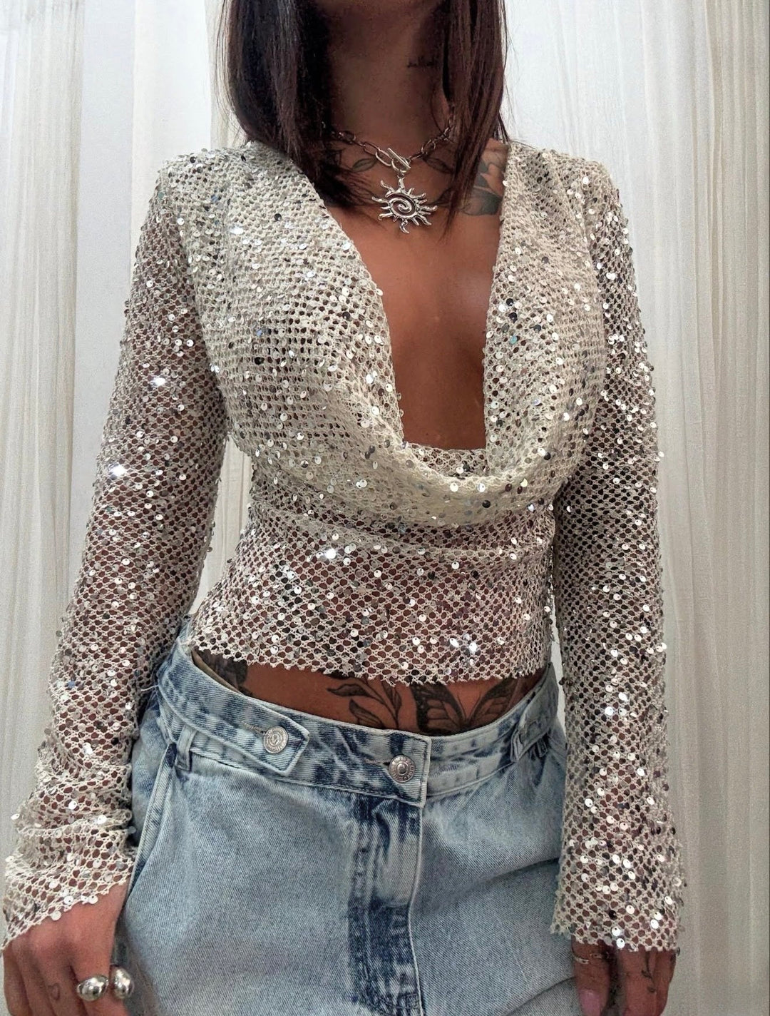 Crop Sequin Long Sleeve Knit Top