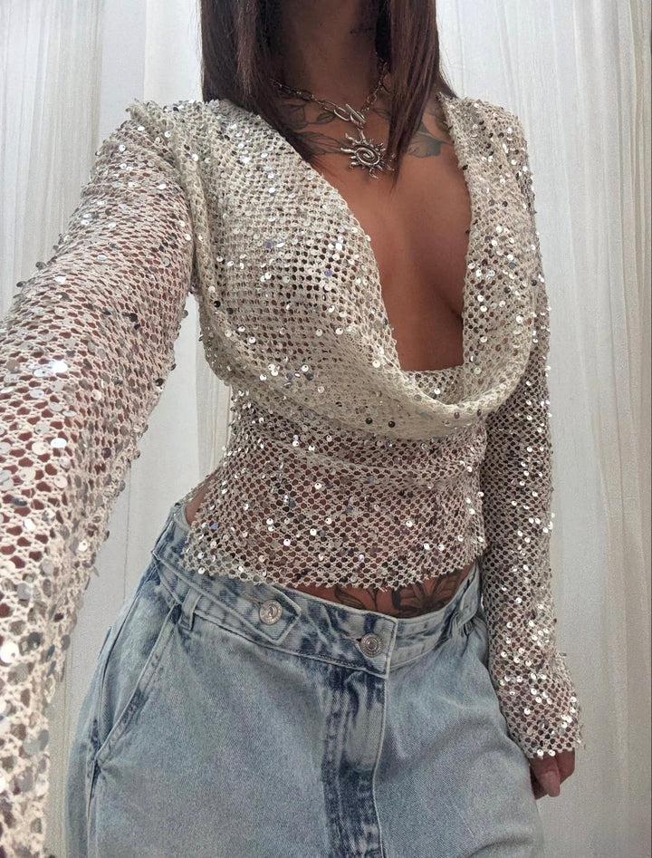 Crop Sequin Long Sleeve Knit Top