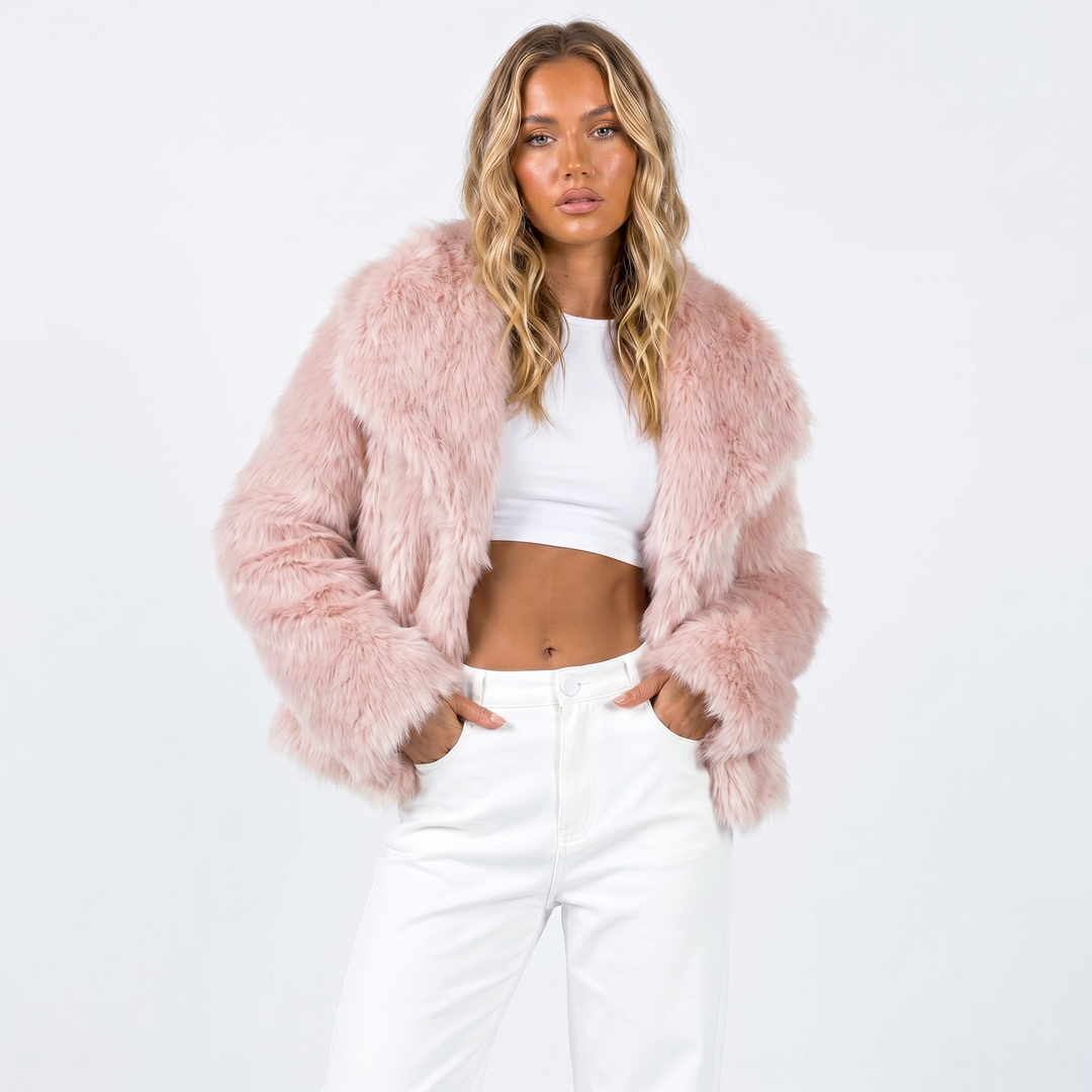 Women's Cropped Faux Fur Mink Coat - Pink