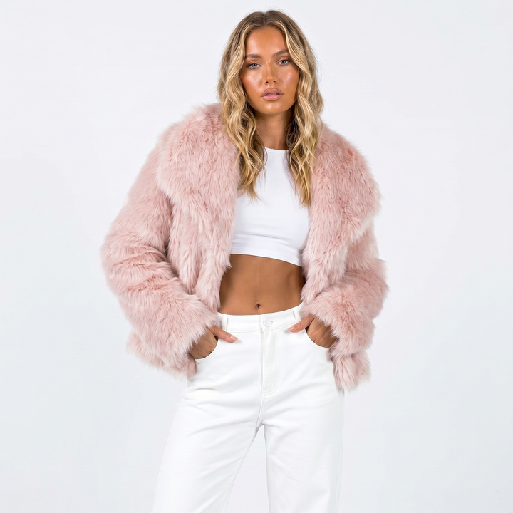 Women's Cropped Faux Fur Mink Coat - Pink
