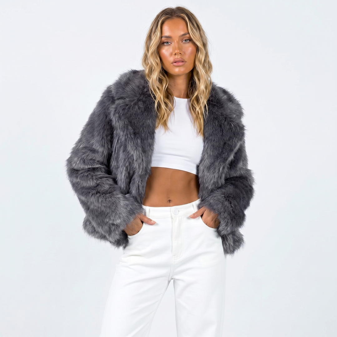 Women's Cropped Faux Fur Mink Coat - Grey