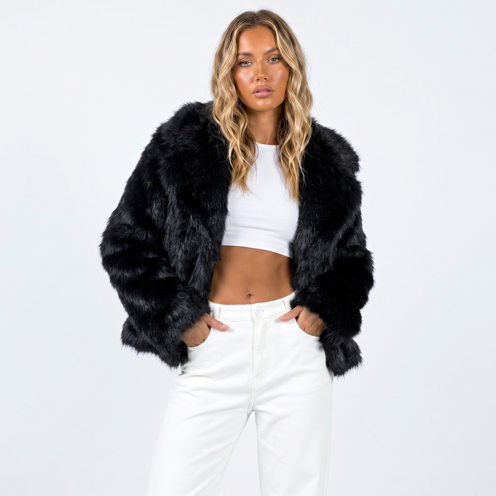 Women's Cropped Faux Fur Mink Coat - Black