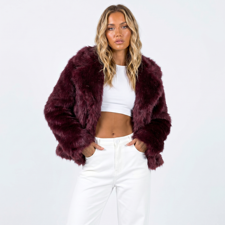 Women's Cropped Faux Fur Mink Coat - Burgundy