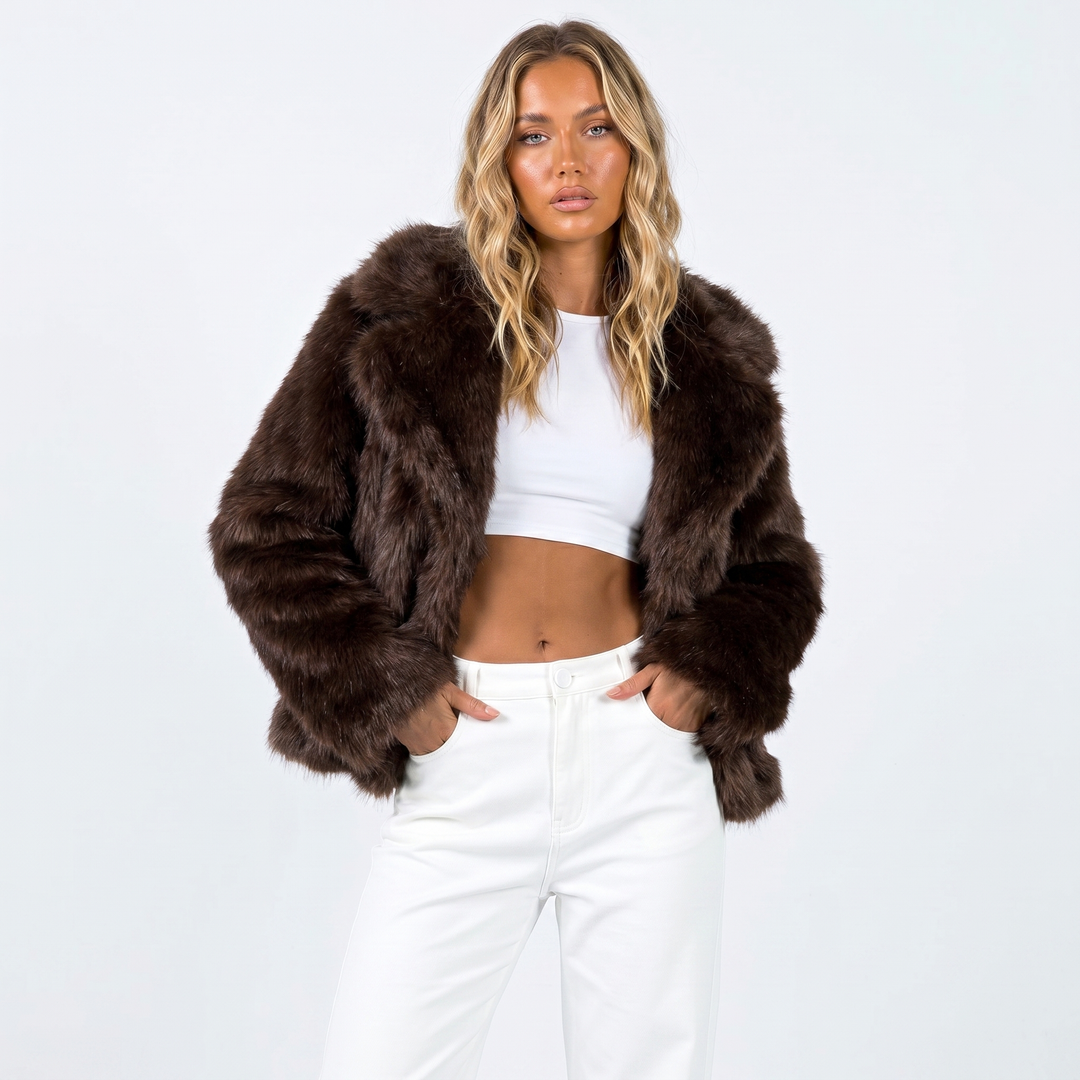 Women's Cropped Faux Fur Mink Coat - Brown