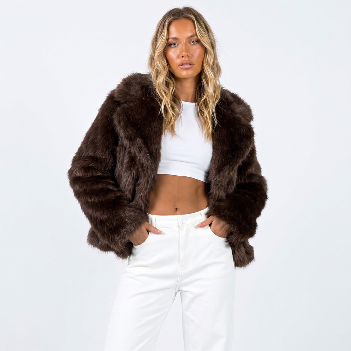 Women's Cropped Faux Fur Mink Coat - Brown