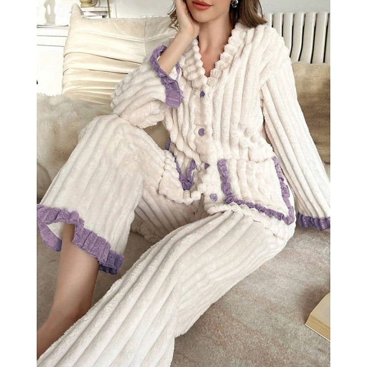 Women's Elegant Fleece Ruffle Long Lounge Pajama Set