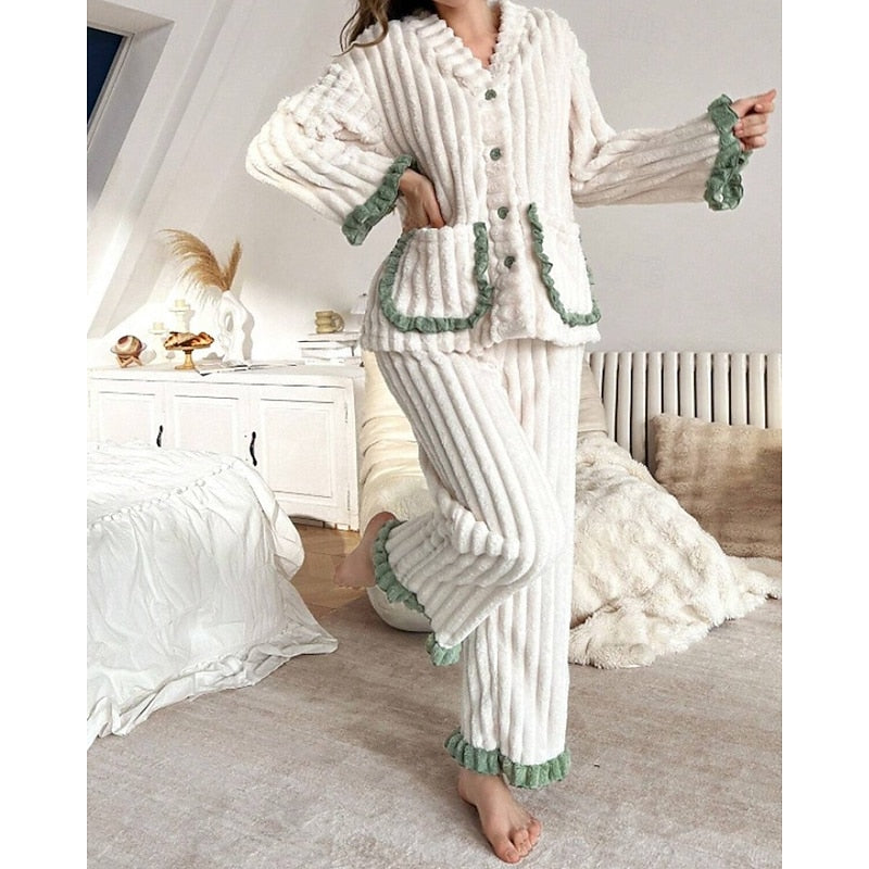 Women's Elegant Fleece Ruffle Long Lounge Pajama Set