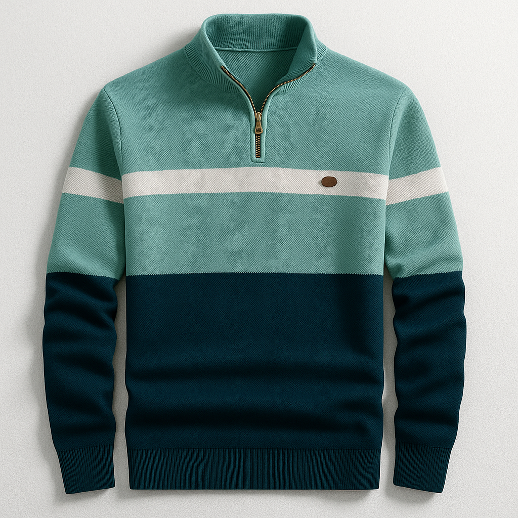 Men's Colorblock Knit Quarter Zip Sweater - Navy Green