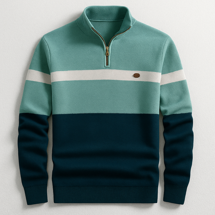 Men's Colorblock Knit Quarter Zip Sweater - Navy Green