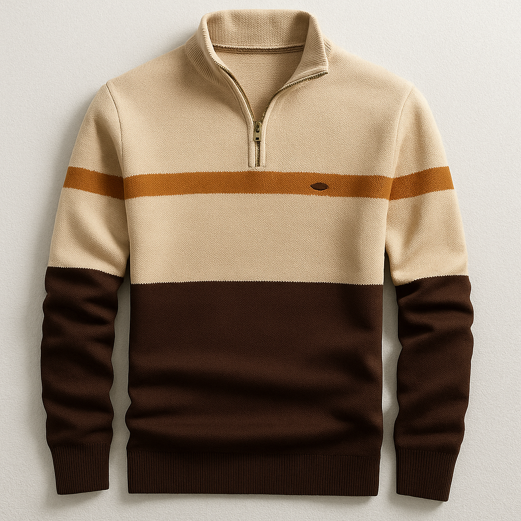 Men's Colorblock Knit Quarter Zip Sweater - Cream Brown