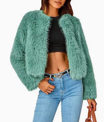 Women's Winter Cropped Faux Fur Coat - Light Green