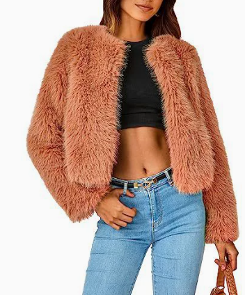 Women's Winter Cropped Faux Fur Coat - Orange