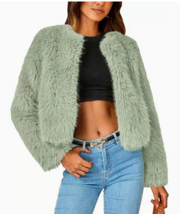 Women's Winter Cropped Faux Fur Coat - Bean Green