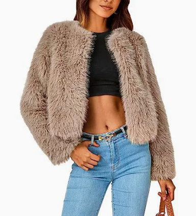 Women's Winter Cropped Faux Fur Coat - Apricot