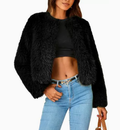 Women's Winter Cropped Faux Fur Coat - Black