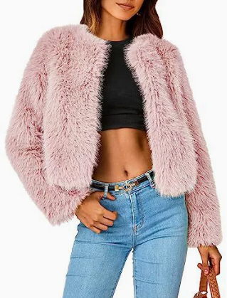 Women's Winter Cropped Faux Fur Coat - Pink