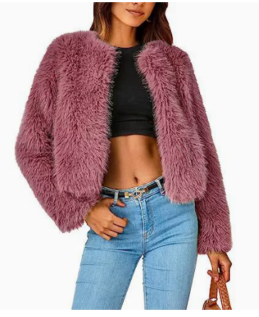 Women's Winter Cropped Faux Fur Coat - Red