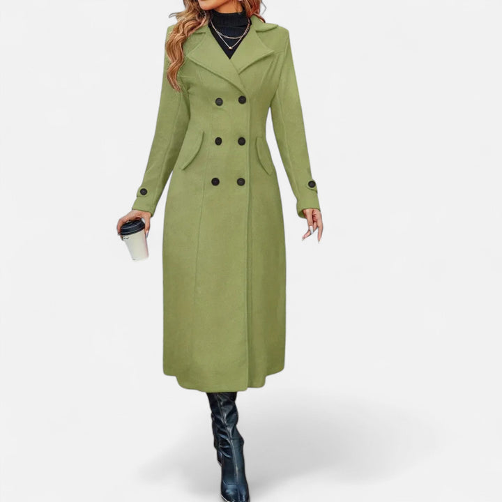 Women's Wool Fitted Long Double-Breasted Peacoat - Olive
