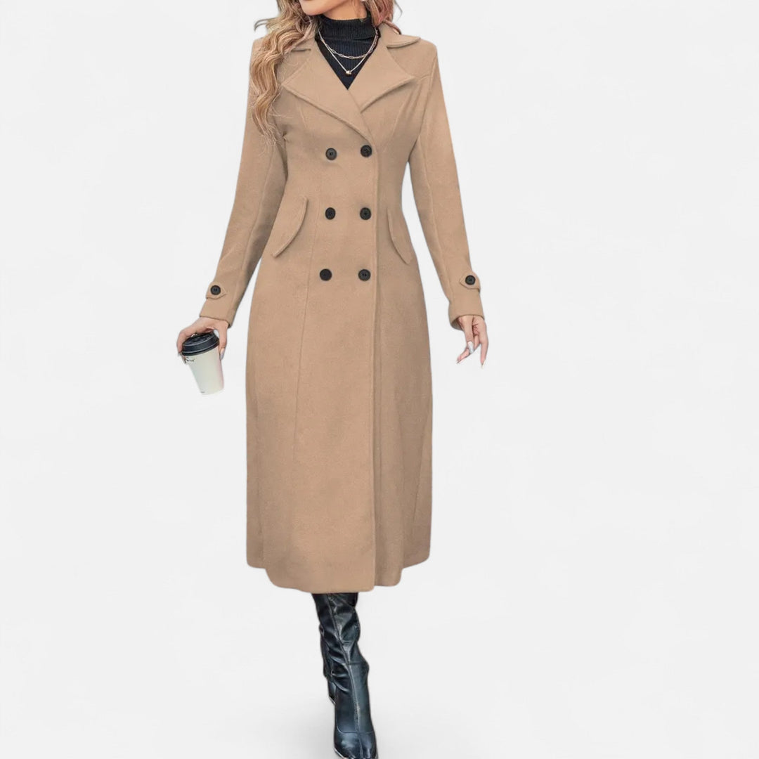 Women's Wool Fitted Long Double-Breasted Peacoat - Khaki