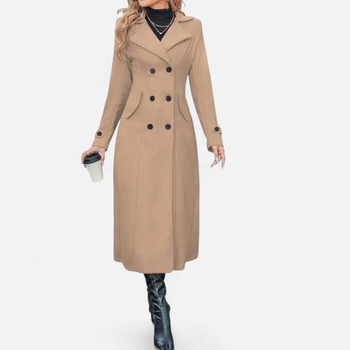 Women's Wool Fitted Long Double-Breasted Peacoat - Khaki