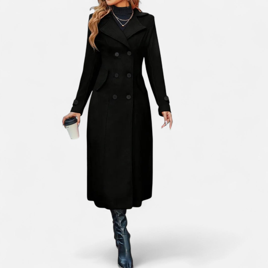 Women's Wool Fitted Long Double-Breasted Peacoat - Black