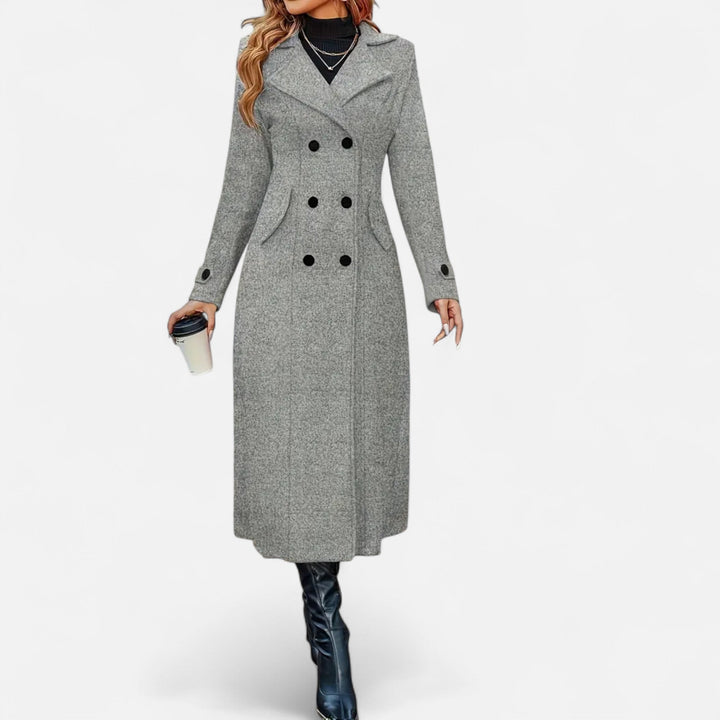 Women's Wool Fitted Long Double-Breasted Peacoat - Grey