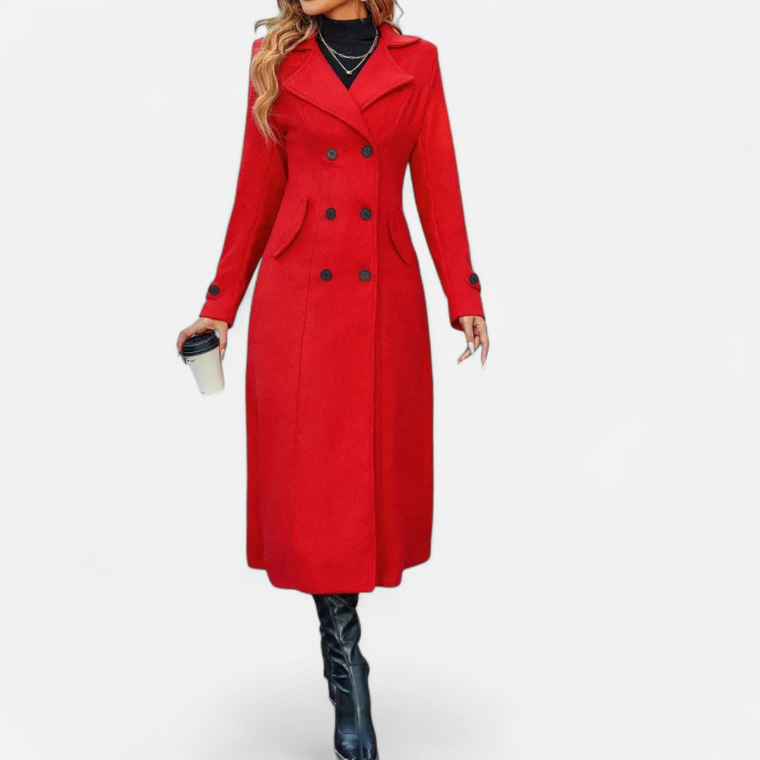 Women's Wool Fitted Long Double-Breasted Peacoat - Red
