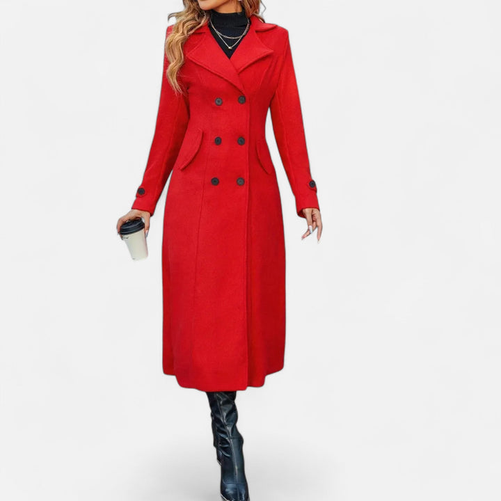 Women's Wool Fitted Long Double-Breasted Peacoat - Red