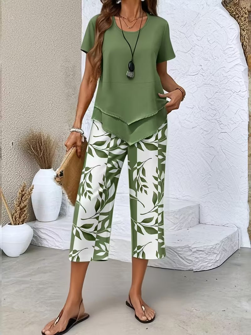 Fern | Leaf Print Top & Cropped Pants Set