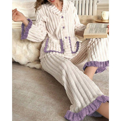 Agatha | Women's Elegant Fleece Ruffle Long Lounge Pajama Set