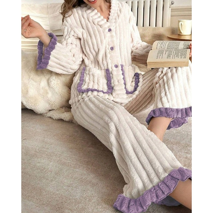 Women's Elegant Fleece Ruffle Long Lounge Pajama Set - Purple