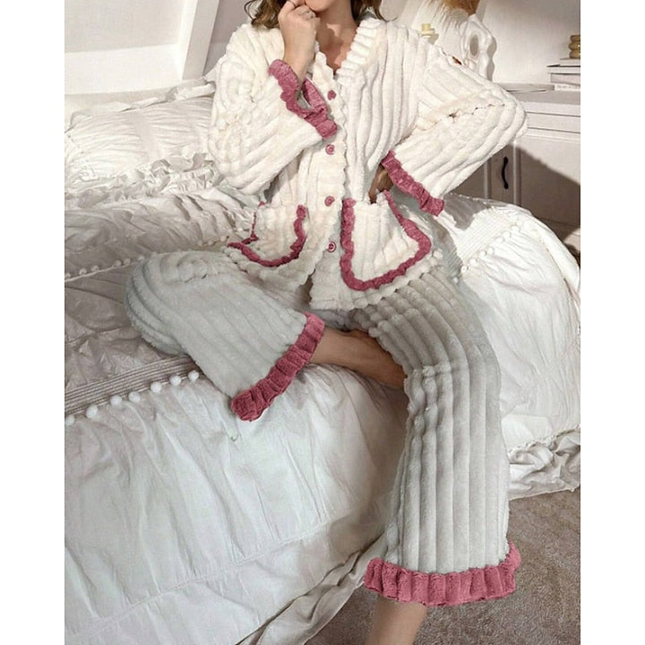 Women's Elegant Fleece Ruffle Long Lounge Pajama Set - White