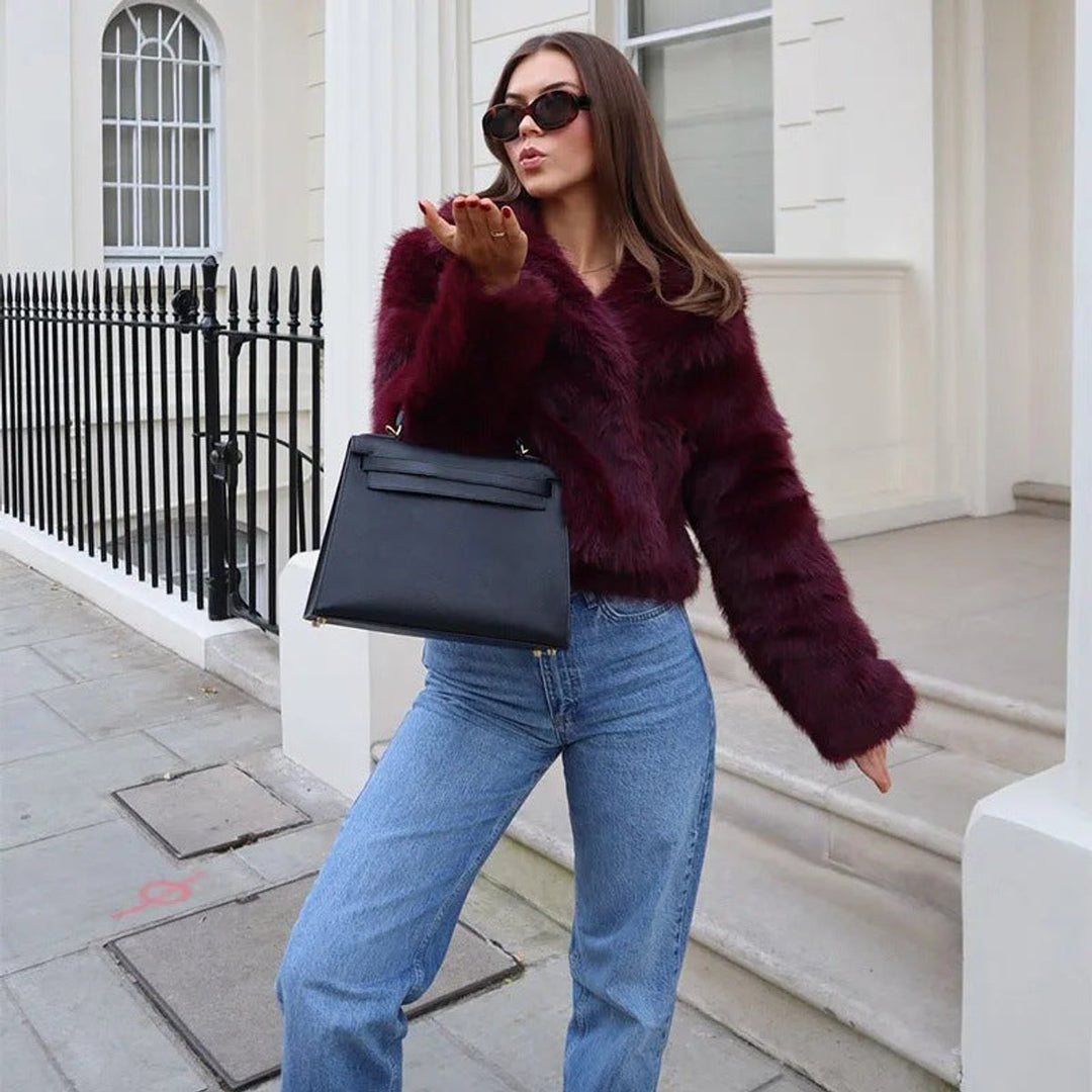 Women's Elegant Winter Faux Fur Coat - Burgundy