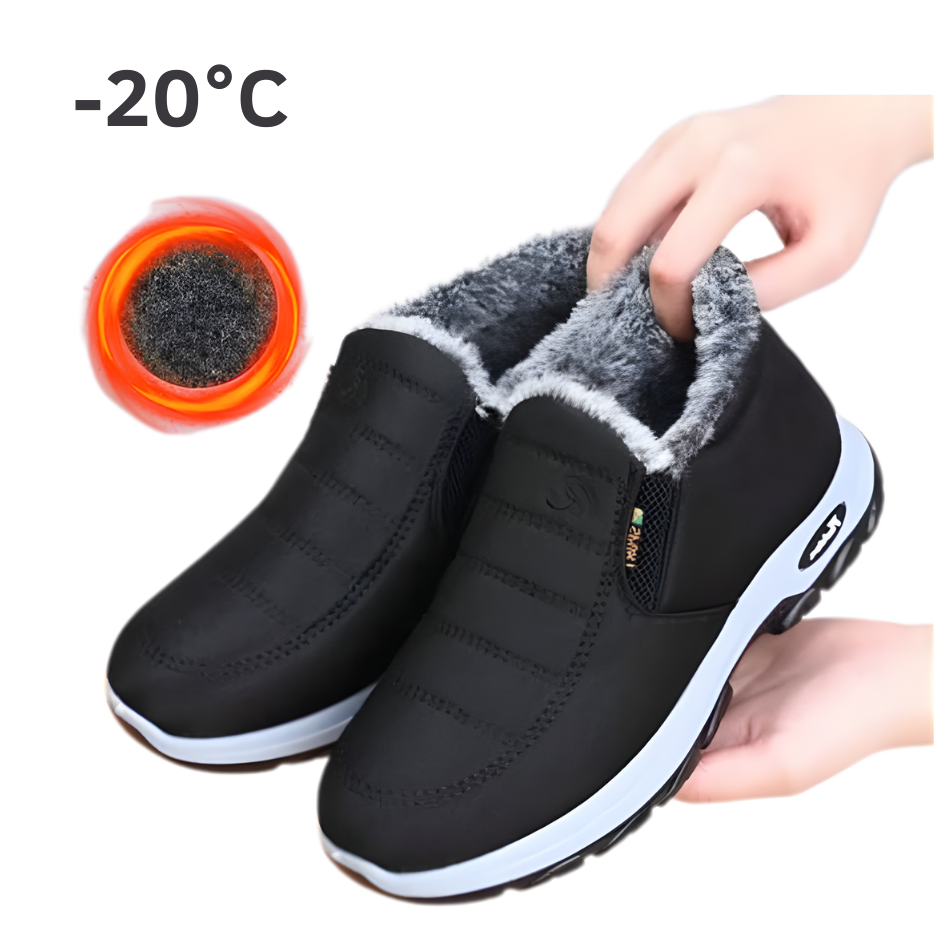 Men's Fleece-Lined Leather Shoes Winter Slip-On Snow Boots - Black - B