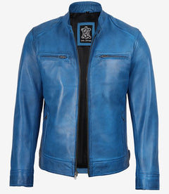 Stewart | Steel Blue Leather Café Racer Jacket with Zip Cuffs