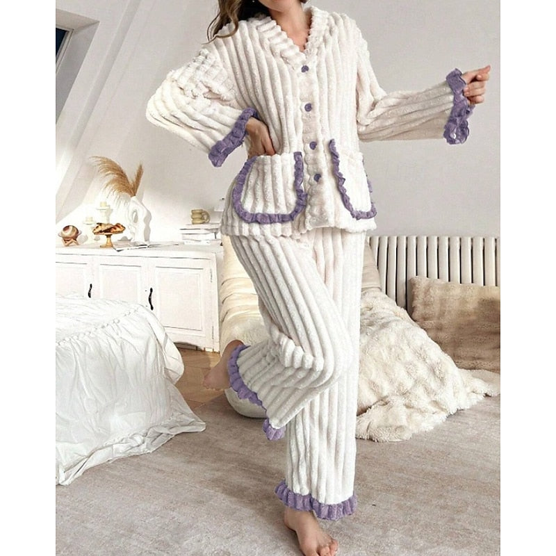 Women's Elegant Fleece Ruffle Long Lounge Pajama Set