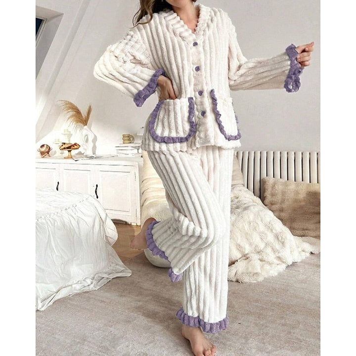 Women's Elegant Fleece Ruffle Long Lounge Pajama Set