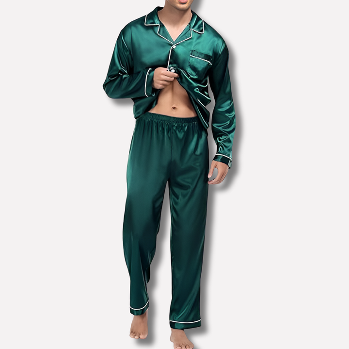 Men's Satin Long Indigo Pajama Set - Green