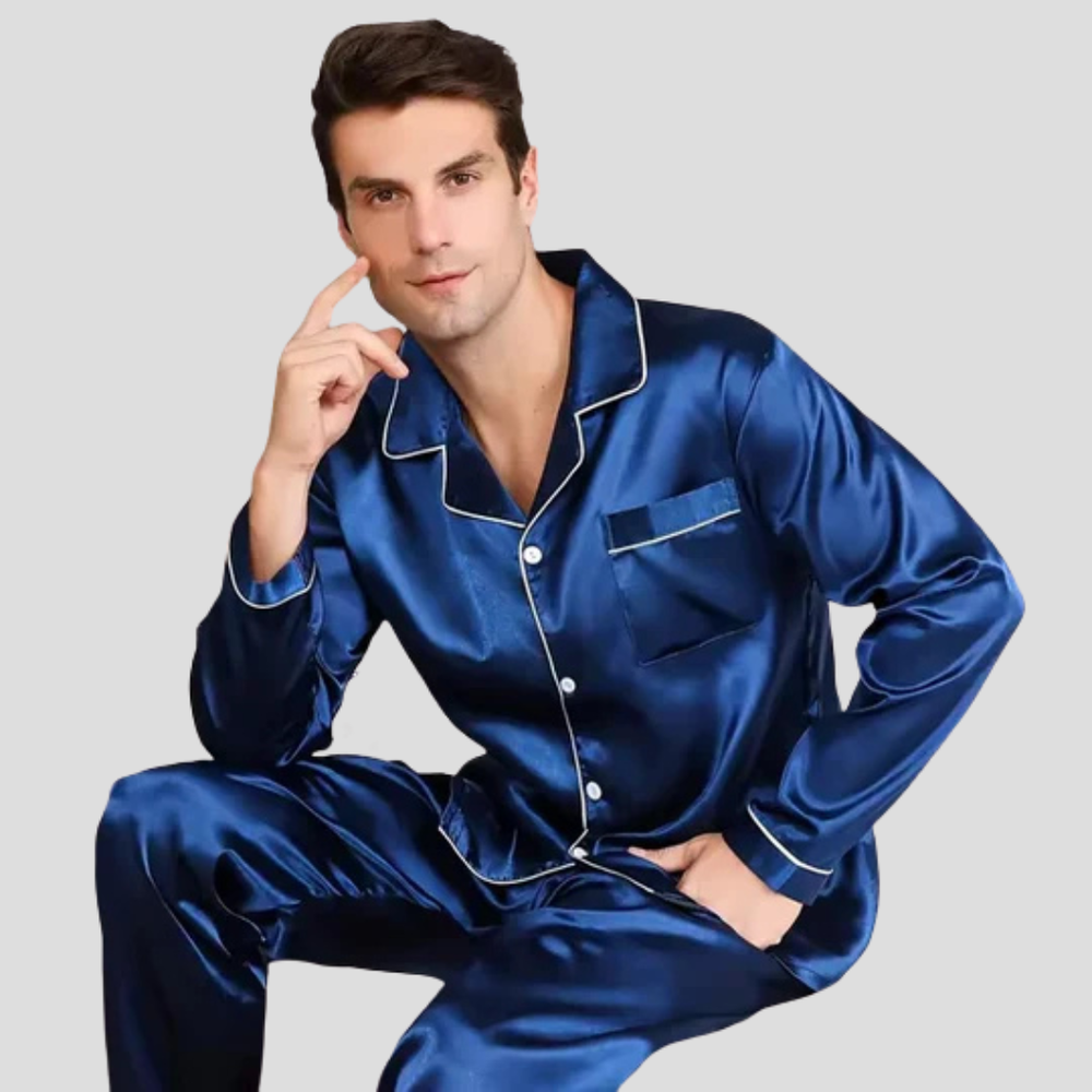 Men's Satin Long Indigo Pajama Set - Blue