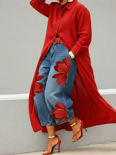 Ombeline | Bold Floral Shirt-Dress and Wide-Leg Jeans Set