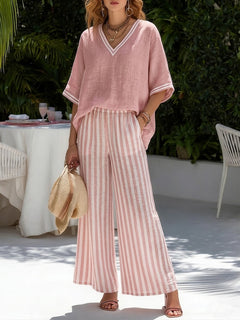 Raymonde | Two-Piece Set with a V-Neck Top and Striped Wide-Leg Trousers
