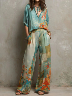 Célina | Elegant Wide-Leg Trouser Set with a Painterly Print